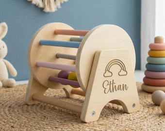 Personalized Baby Spinning Drum, Custom Wooden Montessori Sensory Toy, Educational Tummy Time Roller, First Birthday Shower Gift