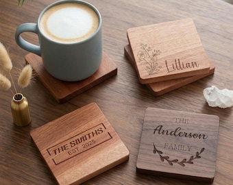 Custom Engraved Wooden Coaster Set, Personalized Birth Flower Gift, Walnut Rosewood Coasters, Housewarming Decor
