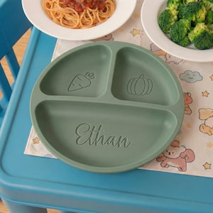 Plato de silicona con ventosa personalizado, plato dividido para niños pequeños con nombre grabado a medida, libre de BPA, regalo de primer cumpleaños para la alimentación complementaria BLW.