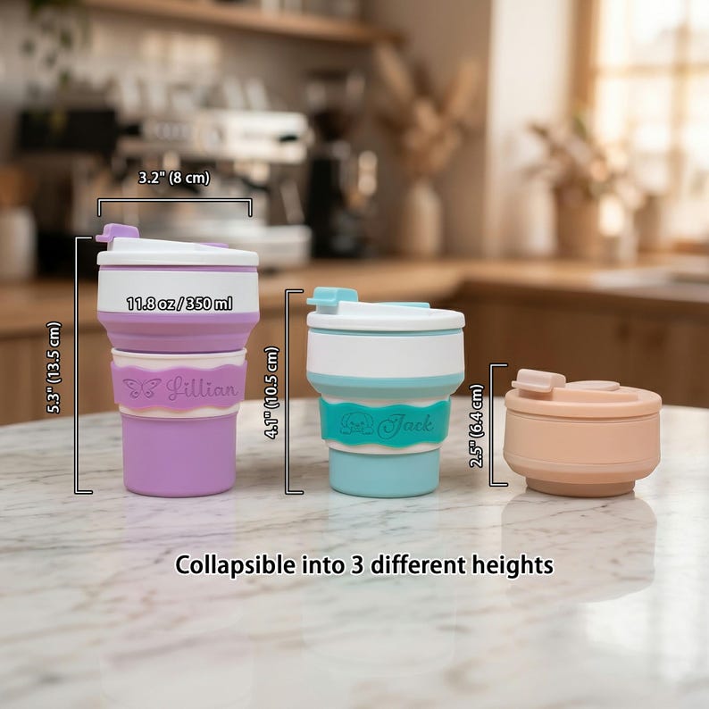 Size and dimension guide for the 11.8 oz personalized collapsible silicone water cup. Shows the foldable travel bottle adjusting to 3 heights: 5.3 inches, 4.1 inches, and a compact 2.5 inches. Features examples of the custom engraved name band with cute icons.