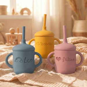 Personalized Silicone Straw Cup, Baby First Training Cup, Engraved Name Montessori Sippy, Toddler Gift