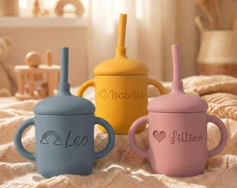 Bicchiere con cannuccia in silicone personalizzato da 150 ml con manici, bicchiere con cannuccia personalizzato per l'apprendimento dell'uso del biberon, regalo per baby shower con incisione, regalo per il primo compleanno