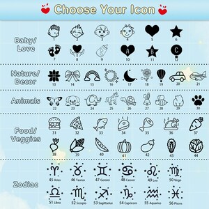 An informational chart and guide for selecting custom icon engravings for personalized collapsible silicone cups. The categories include Baby/Love, Nature/Decor, Animals, Food/Veggies, and Zodiac signs, with dozens of numbered black line icons, facilitating personalized gift ordering.