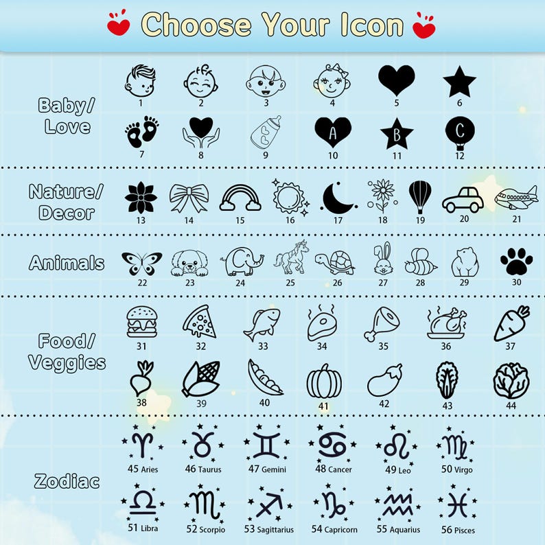 An informational chart and guide for selecting custom icon engravings for personalized collapsible silicone cups. The categories include Baby/Love, Nature/Decor, Animals, Food/Veggies, and Zodiac signs, with dozens of numbered black line icons, facilitating personalized gift ordering.