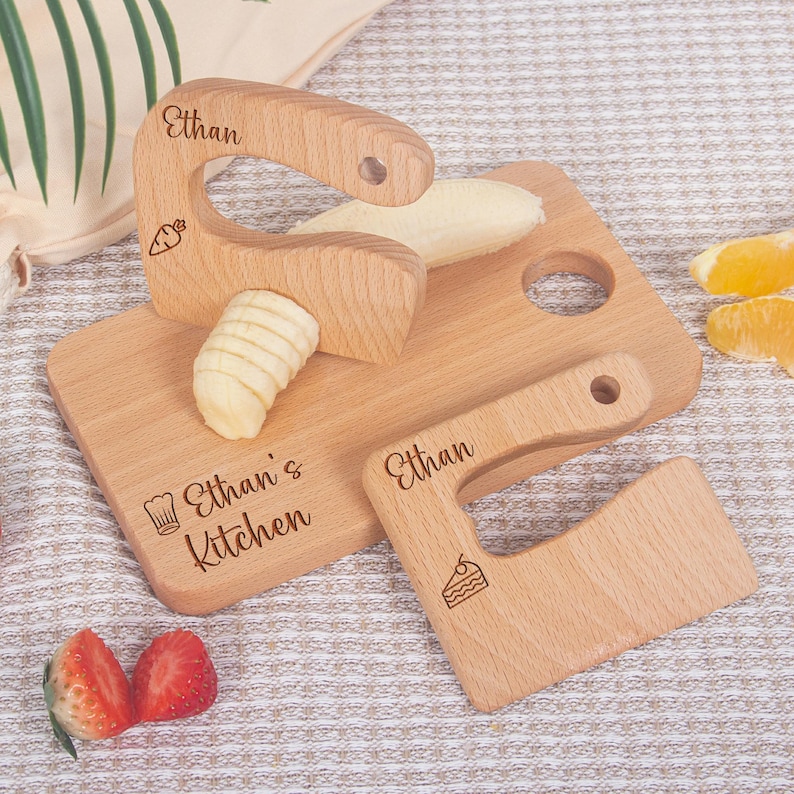 Personalized Wooden Kids Knife & Board, Montessori Toddler Safe Fruit Chopper, Vegetable Cutter Gift