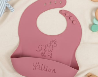 Custom Name Silicone Bib, Engraved Baby Catch All Bib, Personalized BLW Gift, Waterproof Adjustable
