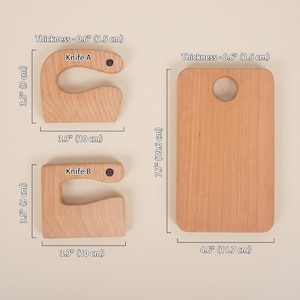 Professional dimension guide for the custom kids kitchen tool set. Displays precise measurements for two styles of the engraved junior chef slicer (Knife A and Knife B, both 3.9 by 3.5 inches) and the wooden cutting board (7.7 by 4.6 inches). All pieces of this toddler-safe Waldorf fine motor skill toy feature a sturdy 0.6-inch thickness.