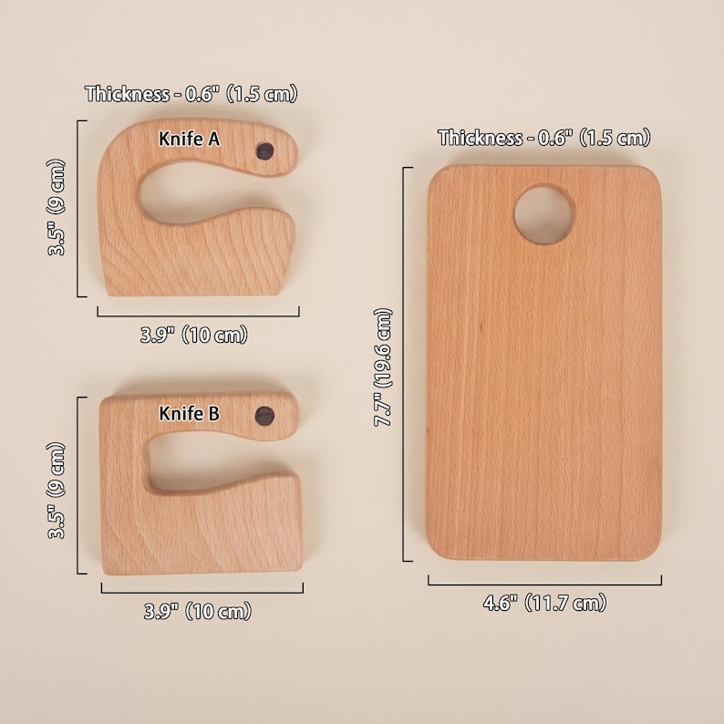 Professional dimension guide for the custom kids kitchen tool set. Displays precise measurements for two styles of the engraved junior chef slicer (Knife A and Knife B, both 3.9 by 3.5 inches) and the wooden cutting board (7.7 by 4.6 inches). All pieces of this toddler-safe Waldorf fine motor skill toy feature a sturdy 0.6-inch thickness.