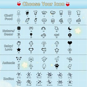Customization options for the engraved junior chef slicer and cutting board. A chart titled Choose Your Icon displaying 58 cute designs across categories like Chef, Food, Nature, Baby, Animals, and Zodiac signs to personalize your toddler kitchen tool set.