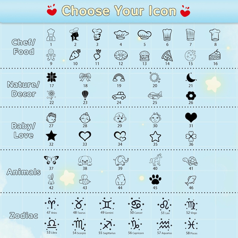 Customization options for the engraved junior chef slicer and cutting board. A chart titled Choose Your Icon displaying 58 cute designs across categories like Chef, Food, Nature, Baby, Animals, and Zodiac signs to personalize your toddler kitchen tool set.