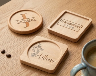 Custom Engraved Wooden Coaster Set, Personalized Birth Flower Gift, Walnut Beech Housewarming Wedding Decor