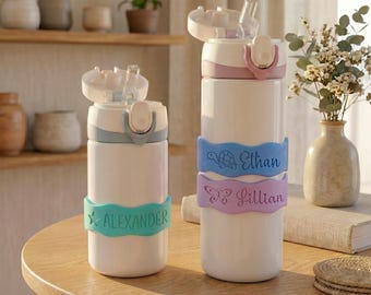 Faixas de silicone com glitter para mamadeiras, etiquetas personalizadas brilhantes com nome, marcador de copo cintilante para creche infantil.