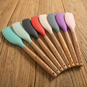 Personalized Silicone Spatula, Engraved Wooden Handle with Name or Message, Baking Tool and Kitchen Gift for Mom or Baker