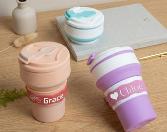 Personalized Collapsible Silicone Water Cup 11.8 oz, Custom Foldable Travel Bottle, Engraved Name Band