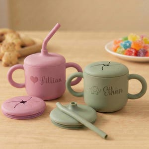 May include: Two silicone baby cups in pink and green, with handles and lids. The pink cup has a straw and the name "Lillian" with a heart. The green cup has the name "Ethan" and an elephant graphic. A pink snack lid and green straw are also visible.