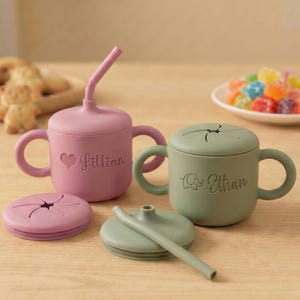 Personalized 2-in-1 Sippy & Snack Cup with Straw, Custom Engraved Silicone Baby Gift