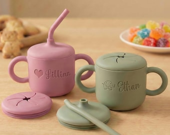 Personalized 2-in-1 Silicone Sippy & Snack Cup Set, Custom Engraved Toddler Drinkware, 1st Birthday Baby Gift for Boy Girl