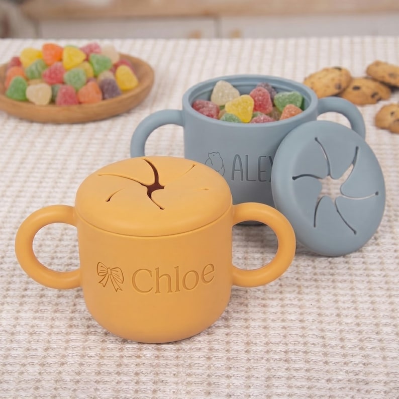 Personalized Silicone Snack Cup, Travel Spill Proof Toddler Container, Engraved Montessori Baby Weaning Gift