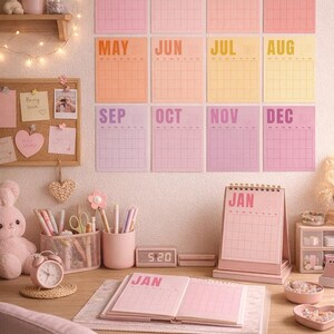 May include: A desk setup with a pink theme, featuring a wall calendar with months from January to December. A desk calendar, notebook, and digital clock displaying "5:20" are also present. Other items include a pink alarm clock, pens, and a plush bunny.