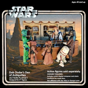 May include: Star Wars Dok Ondar's Den of Antiquities action playset. The playset features a brown and tan shop interior with various alien figures. The packaging includes the Star Wars logo and text that reads "Designed for 6" Figures."