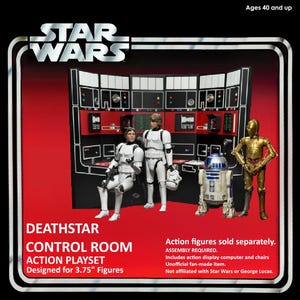 Può includere: Un playset d'azione Star Wars Deathstar Control Room progettato per personaggi da 3,75". Il playset presenta uno sfondo della sala di controllo nero e rosso con action figure di Han Solo, Luke Skywalker, C-3PO e R2-D2. Montaggio richiesto.
