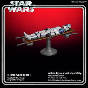 May include: A Clone Stretcher action playset designed for 6-inch figures. The playset features a brown stretcher with a figure in white and blue armor. The Star Wars logo is at the top, with text that reads "FOR AGES 40 and UP".