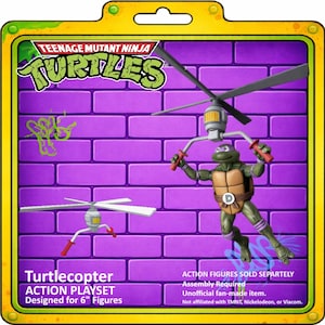 Könnte beinhalten: Teenage Mutant Ninja Turtles Turtlecopter Action-Spielset. Die Verpackung zeigt einen lila Backsteinmauer-Hintergrund mit dem TMNT-Logo. Das Set ist für 15 cm Figuren konzipiert und enthält einen Hubschrauber und eine Donatello-Actionfigur.