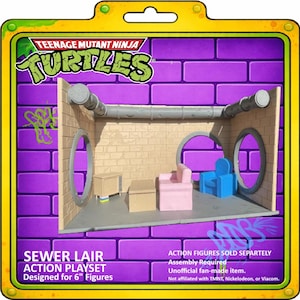 May include: A Teenage Mutant Ninja Turtles Sewer Lair action playset designed for 6" figures. The playset features a brick wall design with two round windows, a pink armchair, a blue chair, and two brown boxes. The packaging is green and purple.