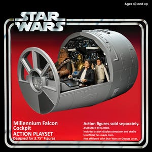 May include: A Millennium Falcon Cockpit playset designed for 3.75" figures. The gray cockpit features Chewbacca, C-3PO, Han Solo, and Leia action figures. The Star Wars logo is at the top, with text indicating the item is for ages 40 and up.