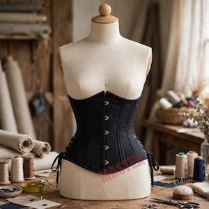 Cotton Underbust Waspie Corset | Steel Boned Waist Training with Hip Tie | Short Gothic