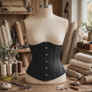 May include: A black corset with a front busk closure featuring silver metal clasps. The garment is displayed on a beige dress form, showcasing a structured design with vertical seams and a fitted waistline, positioned in a workspace.