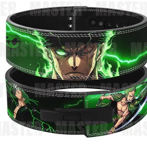 May include: A black weightlifting belt featuring a green graphic print of an anime character with green hair and a sword. The design includes bright green lightning effects, white stitching along the edges, and a black metal lever buckle closure.