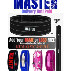 Puede incluir: Un cinturón de levantamiento de pesas negro con costuras blancas y el texto MASTER, de 10,16 cm de ancho. Las variantes incluyen modelos en negro con texto rojo, azul, camuflaje rosa y rosa sólido, con hebillas de palanca y cuero de ante.
