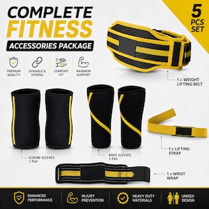 May include: A 5-piece fitness accessories set featuring a black and yellow weightlifting belt, a pair of black and yellow elbow sleeves, a pair of black and yellow knee sleeves, a yellow lifting strap, and a black and yellow wrist wrap.