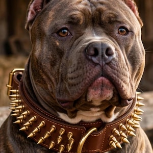 Puede incluir: Un perro pitbull atigrado marrón que lleva un collar ancho de cuero marrón con tres filas de púas de metal dorado y una anilla en D de metal dorado. El perro tiene pelaje corto, ojos color ámbar y una mancha blanca en el pecho.