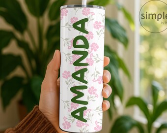 Personalized Pink Floral Skinny Tumbler 20oz: Scattered Flower Design