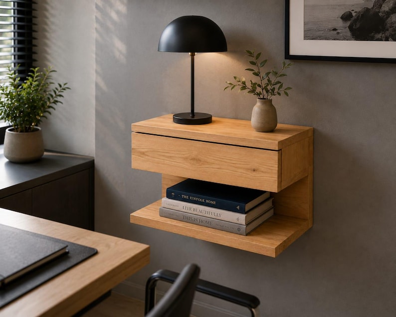 May include: A wall-mounted light oak floating nightstand featuring a single drawer and an open lower shelf. The unit holds a black dome-shaped table lamp, a small ceramic vase with green foliage, and three stacked books with visible text.
