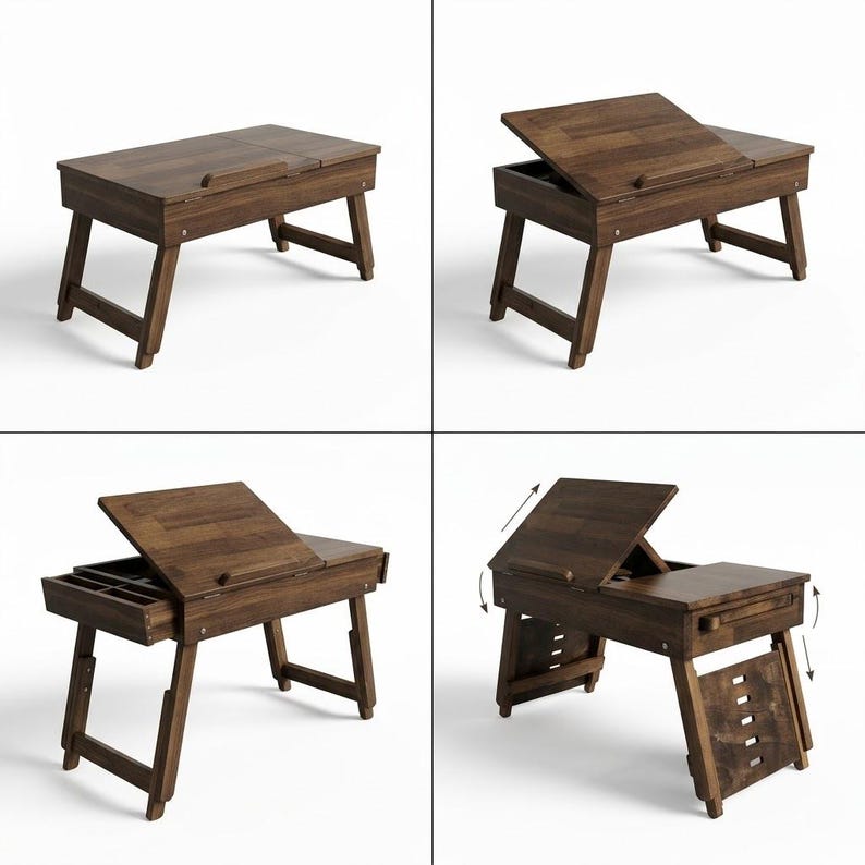 Op de afbeelding: Een donkerbruine houten laptoptafel met een scharnierend blad en een lade. De tafel heeft schuine poten en een opbergvak. Het blad kan worden opgetild. Ontworpen voor gebruik op een bed of bank.
