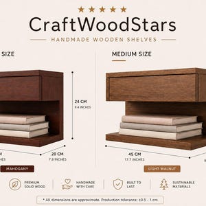 May include: CraftWoodStars handmade wooden shelves in mahogany and light walnut. Small size measures 11.8 inches wide, 7.8 inches deep, and 9.4 inches high. Medium size measures 17.7 inches wide, 9.8 inches deep, and 9.4 inches high.