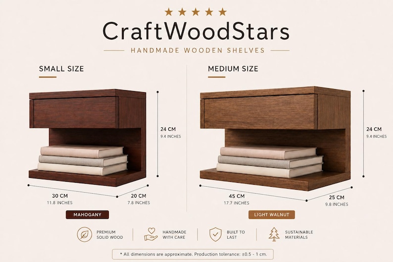 May include: CraftWoodStars handmade wooden shelves in mahogany and light walnut. Small size measures 11.8 inches wide, 7.8 inches deep, and 9.4 inches high. Medium size measures 17.7 inches wide, 9.8 inches deep, and 9.4 inches high.