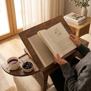 Op de afbeelding: Een houten schoottafel met een open boek, een kopje thee en een kleine kom met bramen. Het boek is open op een pagina met botanische illustraties. De tafel is bruin en heeft een klein zijblad.