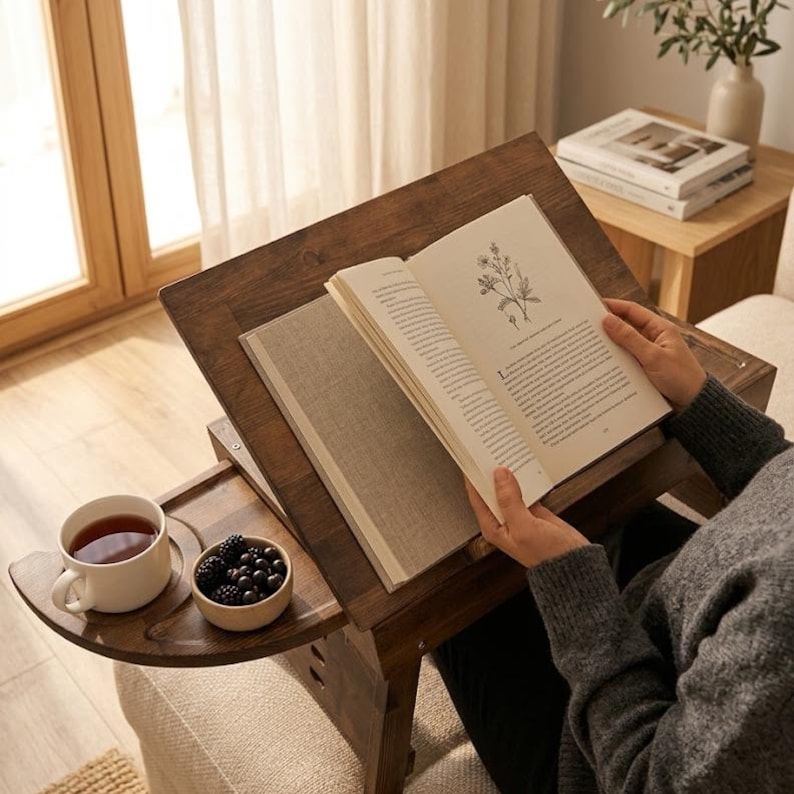 Op de afbeelding: Een houten schoottafel met een open boek, een kopje thee en een kleine kom met bramen. Het boek is open op een pagina met botanische illustraties. De tafel is bruin en heeft een klein zijblad.