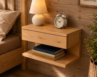 Zwevend nachtkastje met lade, wandnachtkastje, modern Japandi nachtkastje, houten zwevende plank, slaapkamermeubels