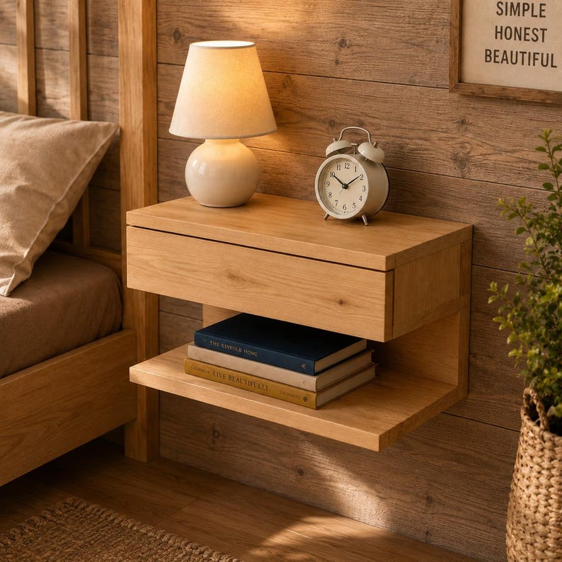 May include: A light oak floating nightstand with a single drawer and an open lower shelf. On top sits a white table lamp and a silver analog alarm clock. Two books are stacked on the lower shelf. The unit is mounted on a wood-paneled wall.