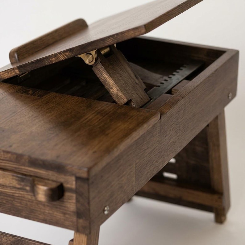 Op de afbeelding: Een handgemaakte houten bureau met een scharnierend blad en een kleine lade. Het bureau is gemaakt van donkerbruin hout en heeft messing scharnieren. De bovenkant is open en onthult een opbergvak met een metalen liniaal.