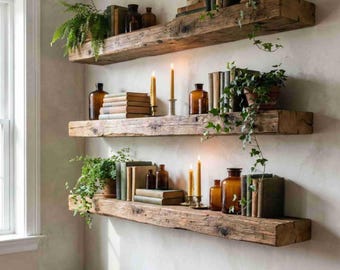 Reclaimed Wood Floating Shelves Set of 3, Rustic Farmhouse Wall Shelves