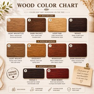 May include: A wood color chart displaying ten numbered rectangular samples with labels including Light Walnut, Dark Walnut, Light Oak, Wenge, Hazelnut, Mahogany, Dark Mahogany, and Rose-Bordo. The chart features text headings and a note about wood uniqueness.