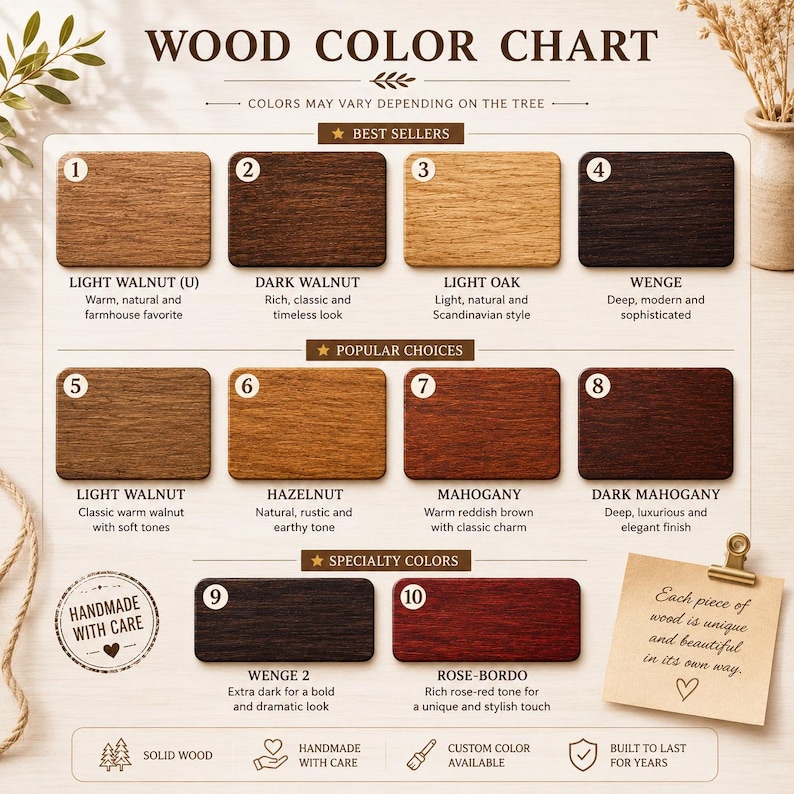 May include: A wood color chart displaying ten numbered rectangular samples with labels including Light Walnut, Dark Walnut, Light Oak, Wenge, Hazelnut, Mahogany, Dark Mahogany, and Rose-Bordo. The chart features text headings and a note about wood uniqueness.