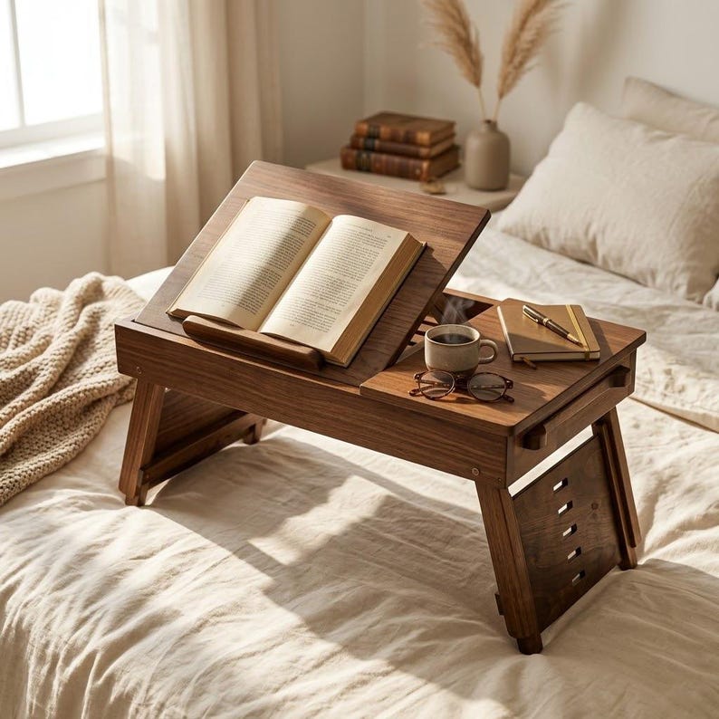 Op de afbeelding: Een houten bedtafel met een open boek, een kopje koffie en een notitieboekje met een pen. De tafel is bruin en heeft een schuine bovenkant voor het boek. De bedtafel staat op een bed met een beige deken.