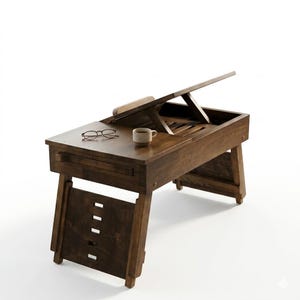 Op de afbeelding: Een houten laptoptafel met een donkerbruine afwerking. De tafel heeft een kantelbaar blad, een kleine lade, een kopje koffie en een bril. De tafel is ontworpen om te worden gebruikt tijdens het zitten of in bed. Afmetingen in centimeters.
